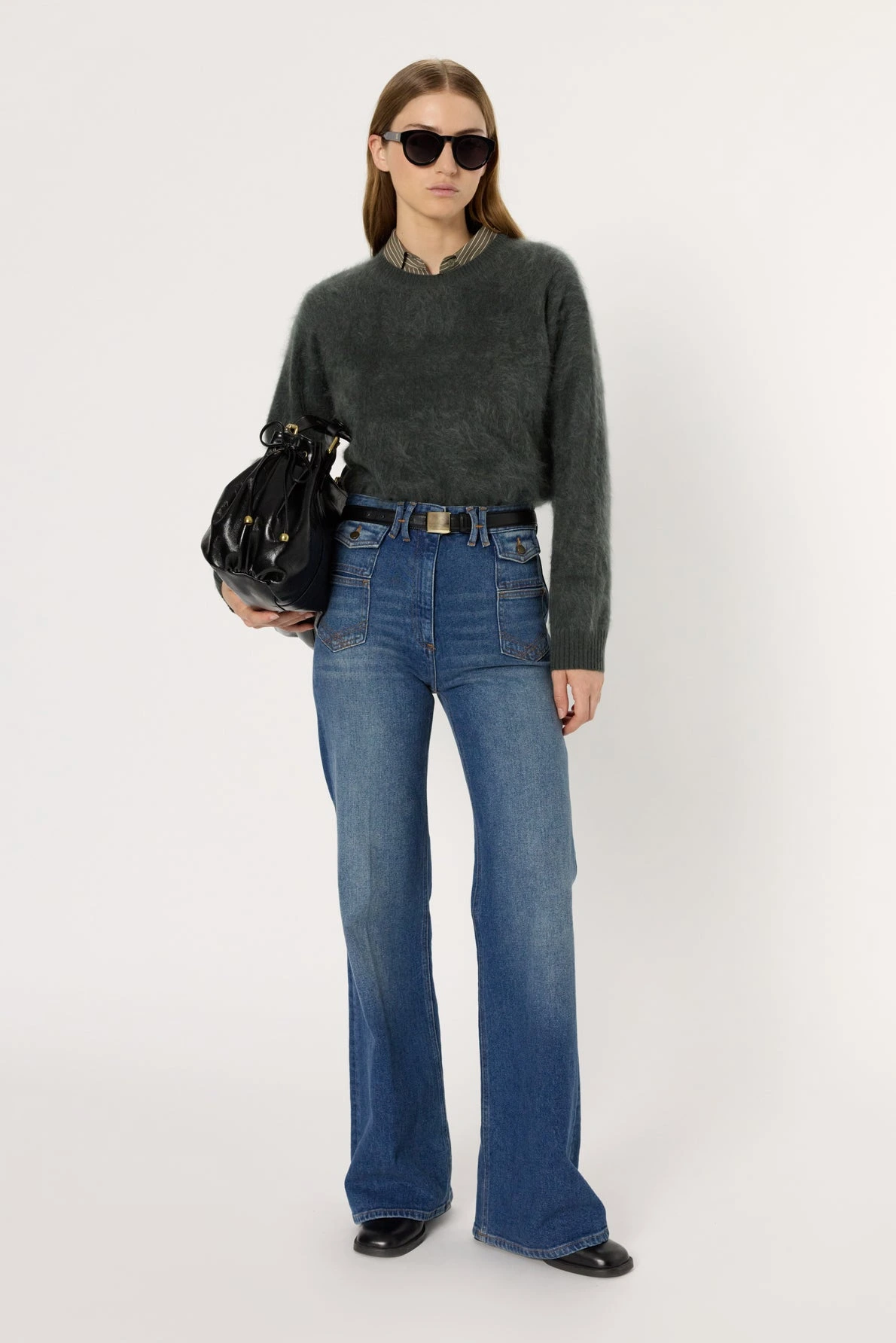 Pull-à-col-rond-en-cachemire-duveteux-ELINA-gerard-darel-maroc-vert-kaki-total-look