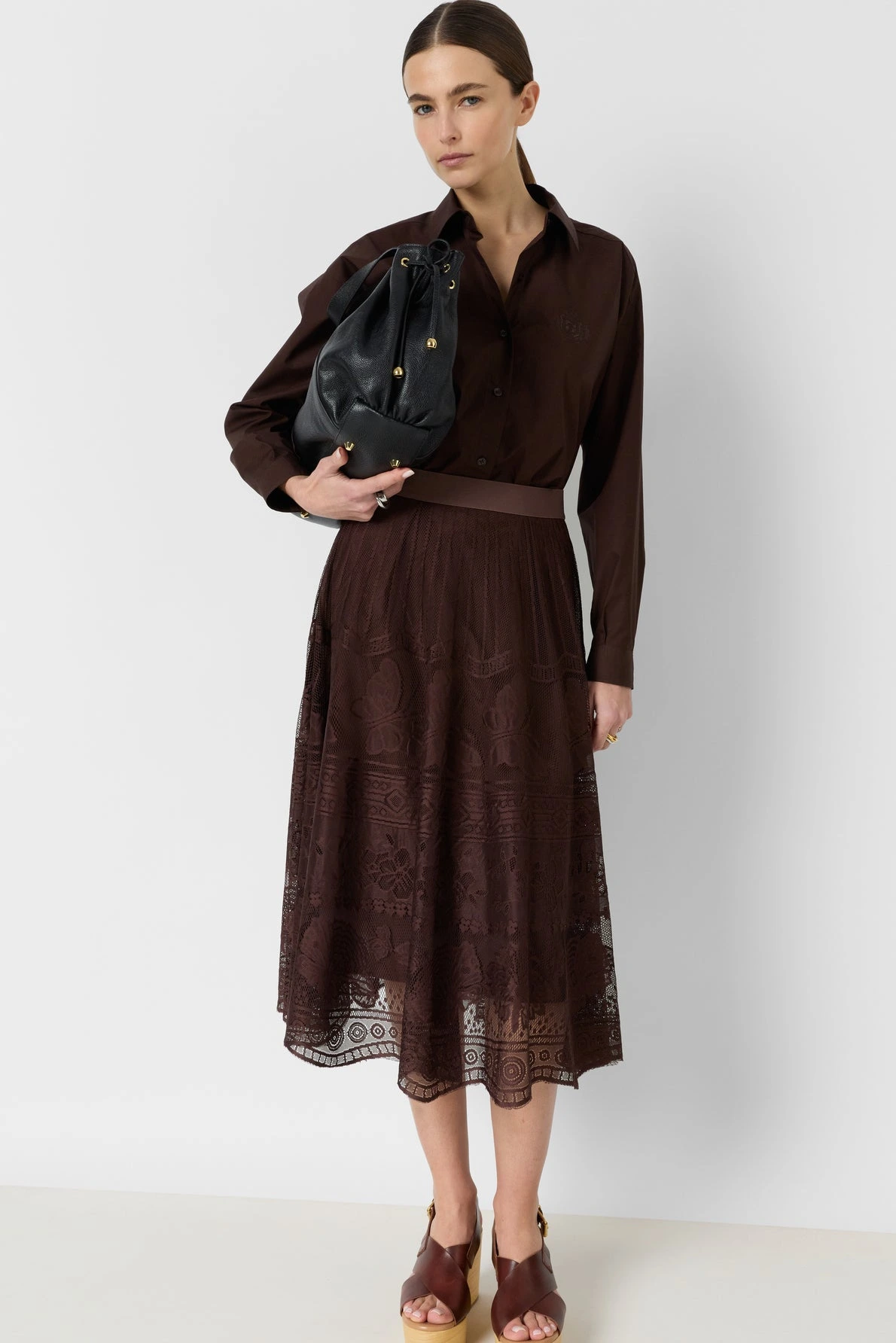 Look femme avec jupe midi Jany marron